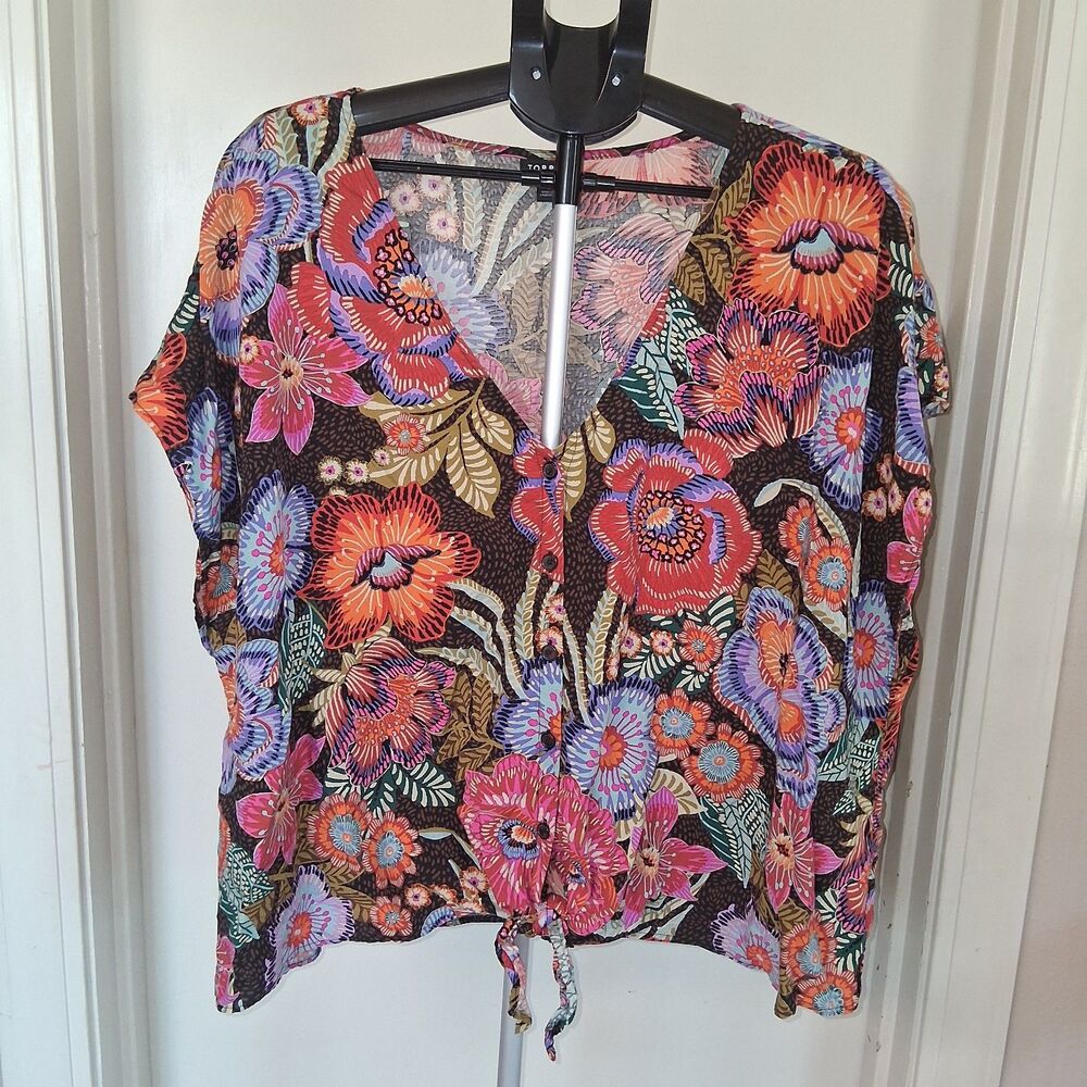 Torrid Floral Botanical Print Challis Dolman Sleeve Tie-Front Crop Blouse Size 4